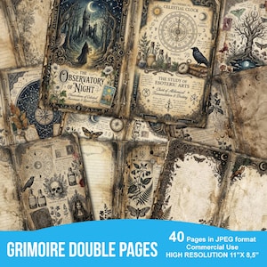 Puede incluir: Una colección de páginas dobles de grimorio de estilo vintage con ilustraciones de relojes celestiales, elementos botánicos y símbolos ocultos. Las páginas presentan textos como "The Observatory of Night". Imagen de alta resolución, 27,94 cm x 21,59 cm.