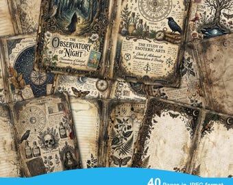 May include: A selection of vintage grimoire double pages, featuring illustrations of celestial clocks, botanical elements, and occult symbols. The pages include text such as "The Observatory of Night" and "The Study of Esoteric Arts". The image is high resolution, 27.94cm x 21.59cm.