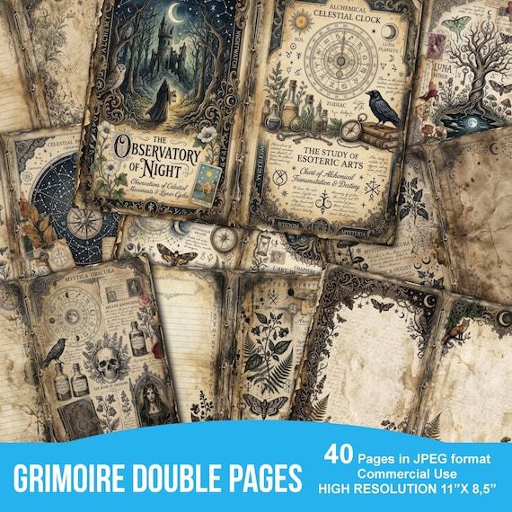 Dark Academia Grimoire Double Pages, Vintage Witchy Journal Kit, Occult Digital Paper, Printable Antique Book Spreads, Junk Journal