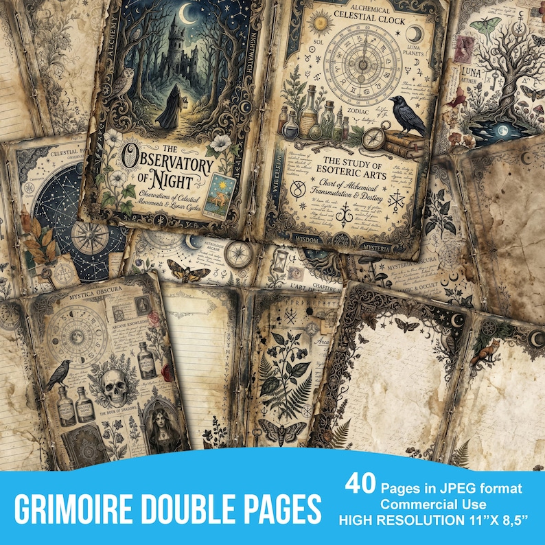 May include: A collection of vintage-style grimoire double pages with illustrations of celestial clocks, botanical elements, and occult symbols. The pages feature text such as "The Observatory of Night" and "The Study of Esoteric Arts". The image is high resolution, 11" x 8.5".