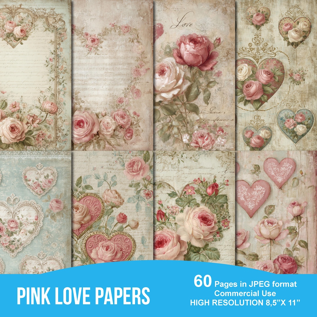 Romantic Roses Junk Journal Page, Vintage Digital Paper, Valentine ...