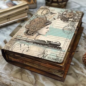 May include: A vintage-style journal with a steampunk design. The cover features a woman's face with gears and a train. The text on the cover reads "But the invention".