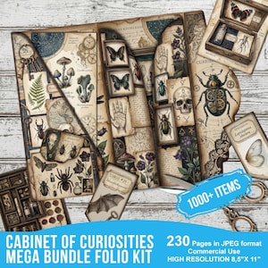 May include: A vintage-style folio kit with a cabinet of curiosities theme. The kit includes pages with illustrations of insects, butterflies, botanical elements, and scientific diagrams. The text on the image reads "Cabinet of Curiosities Mega Bundle Folio Kit" and "1000+ Items".