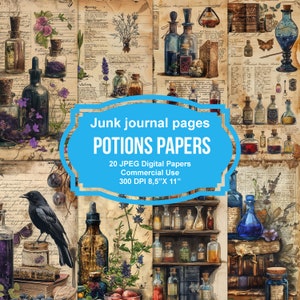 20 páginas imprimibles de Mystic Potion Junk Journal, kit de diario basura, álbum de recortes imprimible, papel imprimible, collage digital, descarga instantánea