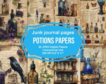 May include: A digital paper pack with 20 vintage style images featuring potion bottles, flowers, and old books. The images are perfect for scrapbooking, junk journaling, and other creative projects. The text on the image reads "Junk journal pages POTIONS PAPERS 20 JPEG Digital Papers Commercial Use 300 DPI 8.5"X 11""