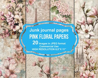 Pink Floral Junk Journal Printable Pages, Junk Journal Kit, Scrapbook Printable, Printable Paper, Digital Collage, Instant Download