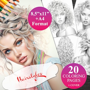 20 Hairstyles Coloring Pages + Cover, Printable Adult Coloring Book, Instant Download Illustration, 2 PDF files 8,5&quot;x11&quot; and A4