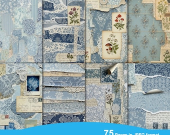 Blue Collage Junk Journal Kit Digital Half Paper Texture Grunge Sheets Scrapbooking Vintage Ephemera Shabby Pages Journal Instant Download