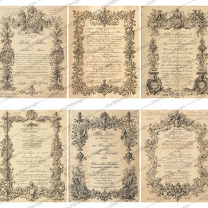 May include: A collection of antique-style documents with ornate, floral borders and handwritten text. The sepia-toned papers feature elaborate scrollwork, crests, and decorative elements, evoking a vintage aesthetic. Ideal for crafting or historical projects.