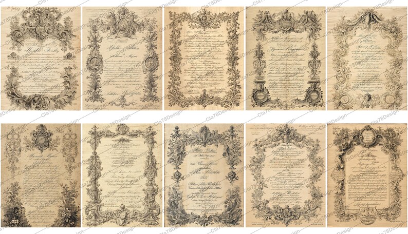 May include: A collection of antique-style documents with ornate, floral borders and handwritten text. The sepia-toned papers feature elaborate scrollwork, crests, and decorative elements, evoking a vintage aesthetic. Ideal for crafting or historical projects.