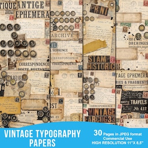 May include: A digital collage of vintage ephemera featuring aged paper textures, handwritten letters, postage stamps, and typewriter keys. The composition includes text elements like "ANTIQUE EPHEMERA," "ARCHIVE," "STAMP HISTORIC," and "VINTAGE," presented in a grid layout.