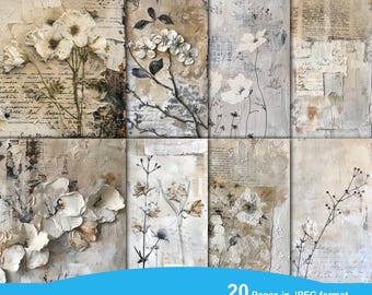 May include: A collection of ephemera floral papers with a vintage aesthetic. The papers feature floral designs, handwritten script, and textured backgrounds in neutral tones. The text at the bottom reads "EPHEMERA FLORAL PAPERS" and "HIGH RESOLUTION 11"X 8,5""