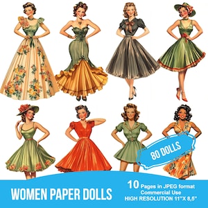 50er Jahre Frauen Papierpuppen, Lady fussy Schnitte, digitale Ephemera, Vintage Printable, Junk Journal Bilder, Scrapbook Sticker Kit, Collage Sheet