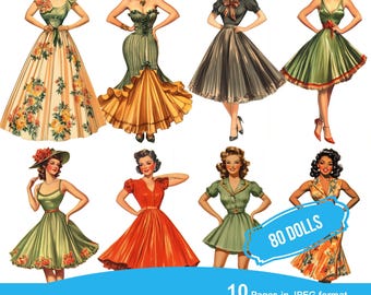 50s Women Paper Dolls, Retro Lady Fussy Cuts, Digital Ephemera, Vintage Printable, Junk Journal Images, Scrapbook Sticker Kit, Collage Sheet