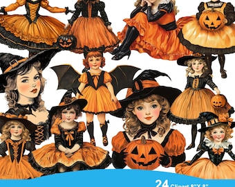 Halloween Little Witch clip art, vintage girls, black cats, junk journal kit, digital ephemera, paper dolls, printable scrapbook album cards