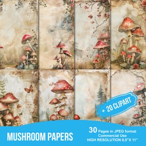 Grillige Mushroom Junk Journal afdrukbare pagina's, Junk Journal Kit, Afdrukbare plakboek, Afdrukbaar papier, Digitale collage, Instant Download