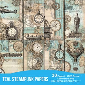 Teal Steampunk Junk Journal Papers, Instant Download, Digital Scrapbook Paper, Victorian Ephemera JPG, Collage Sheets, Printable Backgrounds