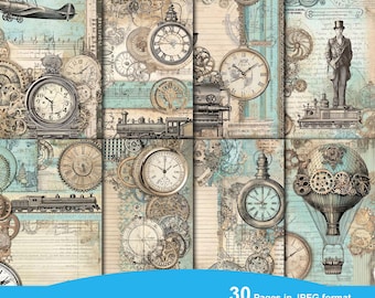 May include: 30 digital papers in a teal and brown steampunk theme. The papers feature gears, clocks, trains, and airships. The papers are high resolution and measure 8.5 inches by 11 inches.