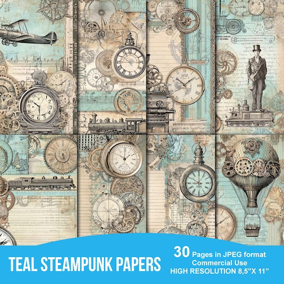 Teal Steampunk Junk Journal Papers, Instant Download, Digital Scrapbook Paper, Victorian Ephemera JPG, Collage Sheets, Printable Backgrounds