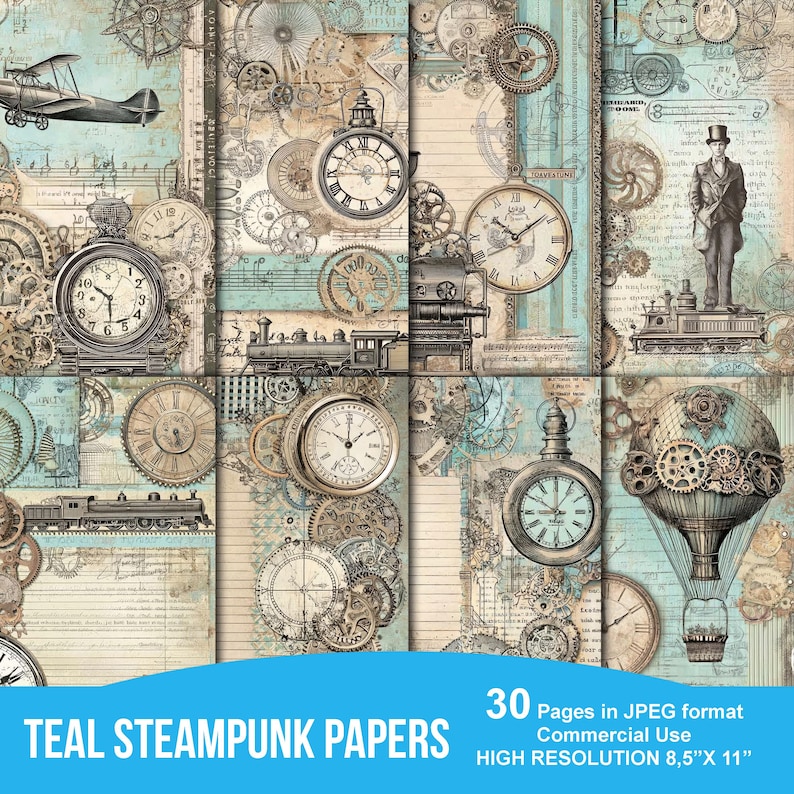 May include: 30 digital papers in a teal and brown steampunk theme. The papers feature gears, clocks, trains, and airships. The papers are high resolution and measure 8.5 inches by 11 inches.