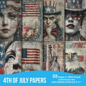 Papiers numériques patriotiques de l'Amérique, page de journal indésirable américain, kit de fond de scrapbooking vintage, imprimable Etats-Unis, feuille de collage du 4 juillet