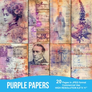 Purple  Junk Journal Printable Pages, Junk Journal Kit, Scrapbook printable, Printable Paper, Digital Collage, Instant Download