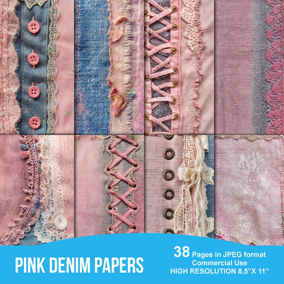 Pink Denim Junk Journal Kit, Textile Mix, Collage Sheets, Patchwork ...