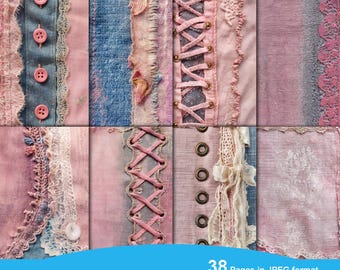 Pink Denim Junk Journal Kit, Textile Mix, Collage Sheets, Patchwork Digital Paper, Scrapbooking Lace, Vintage Ephemera Shabby Chic Printable
