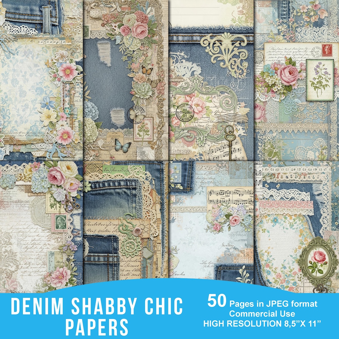 Denim and Lace Digital Paper, Shabby Chic Junk Journal Pages, Vintage ...