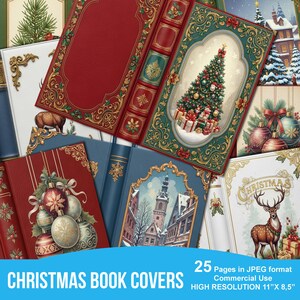 Könnte beinhalten: Eine Sammlung von Weihnachtsbuchcovern mit festlichen Designs. Die Cover zeigen Illustrationen von Weihnachtsbäumen, Ornamenten und Winterszenen. Der Text "CHRISTMAS BOOK COVERS" ist zu sehen. Die Cover sind 27,9 cm x 21,6 cm groß.