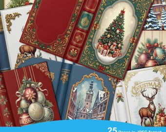 Vintage Christmas Book Covers, Junk Journal Digital Paper, Printable Holiday Ephemera, Santa Nutcracker Scrapbook Backgrounds, Winter Kit