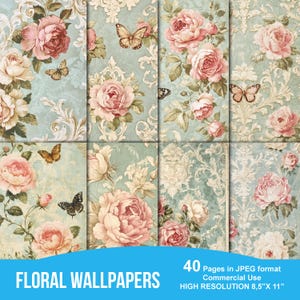 Kit di diario vintage con carta da parati, carte antiche, stampe per diario, effimeri di rose di cavolo, carte di rose vintage, stampa di carta da parati digitale