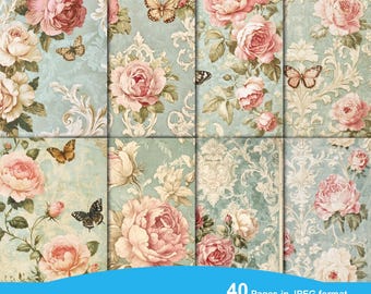 Vintage Wallpaper Junk Journal Kit, Antique Papers, Journal Printables, Cabbage Rose Ephemera, Vintage Roses Papers, Digital Wallpaper Print