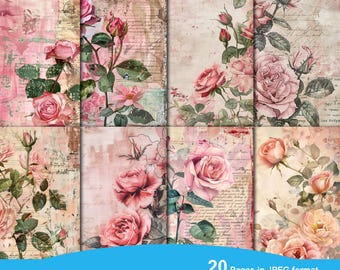 Elegant Pink Roses Junk Journal Printable Pages, Junk Journal Kit, Scrapbook printable, Printable Paper, Digital Collage, Instant Download
