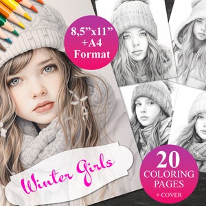 20 Winter Girls Coloring Pages + Cover, Printable Adult Coloring Book, Instant Download Illustration, 2 PDF files 8,5&quot;x11&quot; and A4