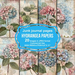 Hydrangea Junk Journal Kit - 20 Pages, Hydrangeas and Ledger digital kit, Spring Digital Kit, Nature Journal Kit, Botanical Junk Journal Kit