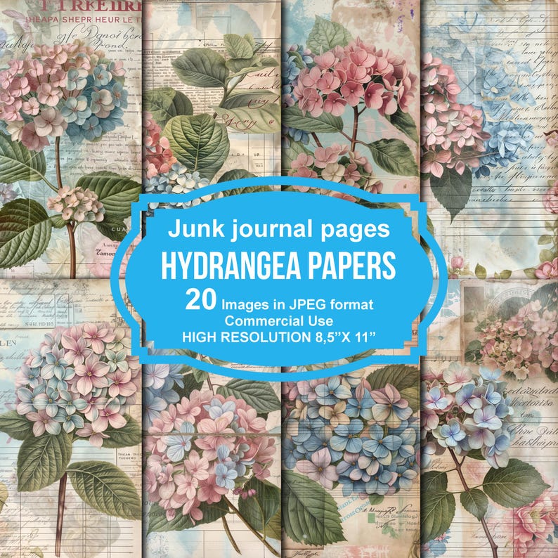 Hydrangea Junk Journal Kit - 20 Pages, Hydrangeas and Ledger Digital ...