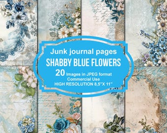 Shabby Blue Junk Journal Printable Pages, Junk Journal Kit, Scrapbook Printable, Printable Paper, Digital Collage, Instant Download
