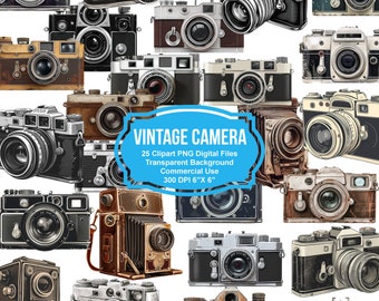 May include: A collection of 25 vintage camera clipart images in PNG format. The images are in various styles and colors, and feature a variety of camera designs. The images are perfect for use in digital scrapbooking, card making, and other creative projects.