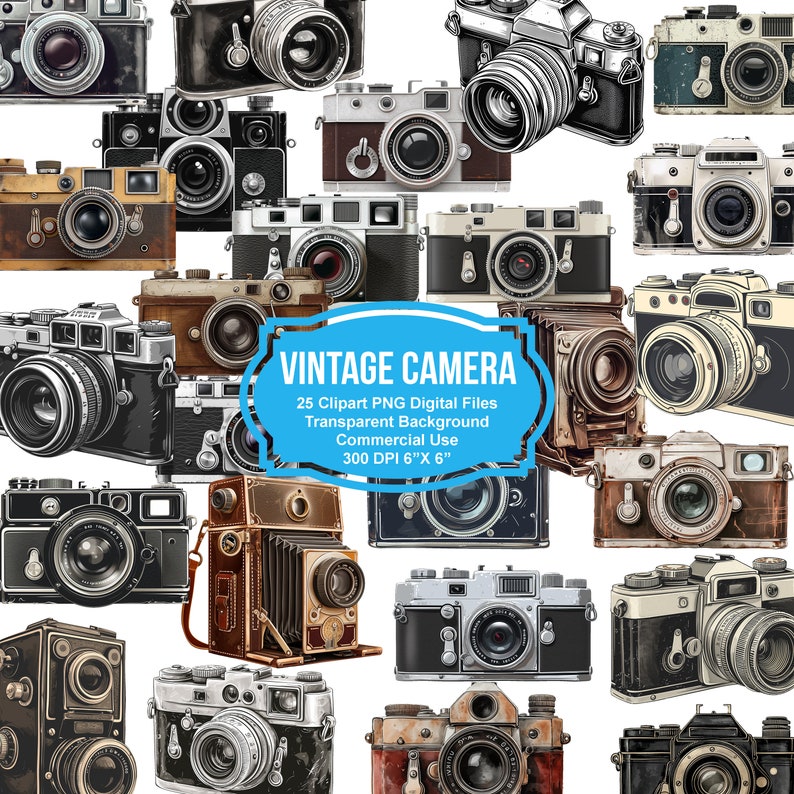 May include: A collection of 25 vintage camera clipart images in PNG format. The images are in various styles and colors, and feature a variety of camera designs. The images are perfect for use in digital scrapbooking, card making, and other creative projects.
