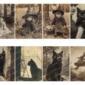 Pode incluir: Uma colagem de estilo vintage com imagens de gatos pretos, crian&ccedil;as vestidas de bruxas e decora&ccedil;&otilde;es de Halloween. As imagens s&atilde;o em preto e branco e t&ecirc;m um aspeto desbotado e antigo.