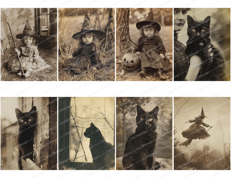 Pode incluir: Uma colagem de estilo vintage com imagens de gatos pretos, crian&ccedil;as vestidas de bruxas e decora&ccedil;&otilde;es de Halloween. As imagens s&atilde;o em preto e branco e t&ecirc;m um aspeto desbotado e antigo.
