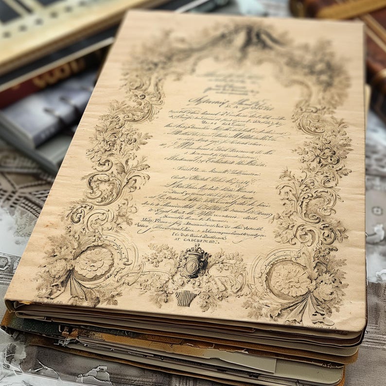 May include: An antique document with ornate floral border and handwritten text. The aged paper has a sepia tone, with the decorative border and text in dark ink. The document is part of a stack of similar papers, suggesting a collection of historical documents.