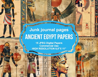 May include: A digital paper pack featuring 15 high-resolution images of ancient Egyptian art. The images are in a collage format and feature various gods, goddesses, and hieroglyphs. The pack is for commercial use and is 8.5 inches by 11 inches.