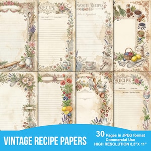 Vintage receptenpapier digitaal, Junk Journal Kit, afdrukbare kookboeksjabloon, Shabby Chic keuken, ephemera, familie favorieten set