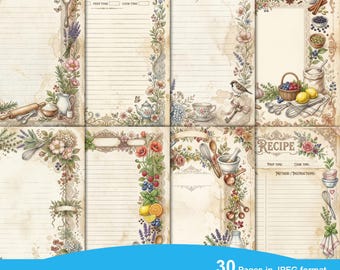 Vintage Recipe Papers Digital, Junk Journal Kit, Printable Cookbook Template, Shabby Chic Kitchen Ephemera, Family Favorites Set