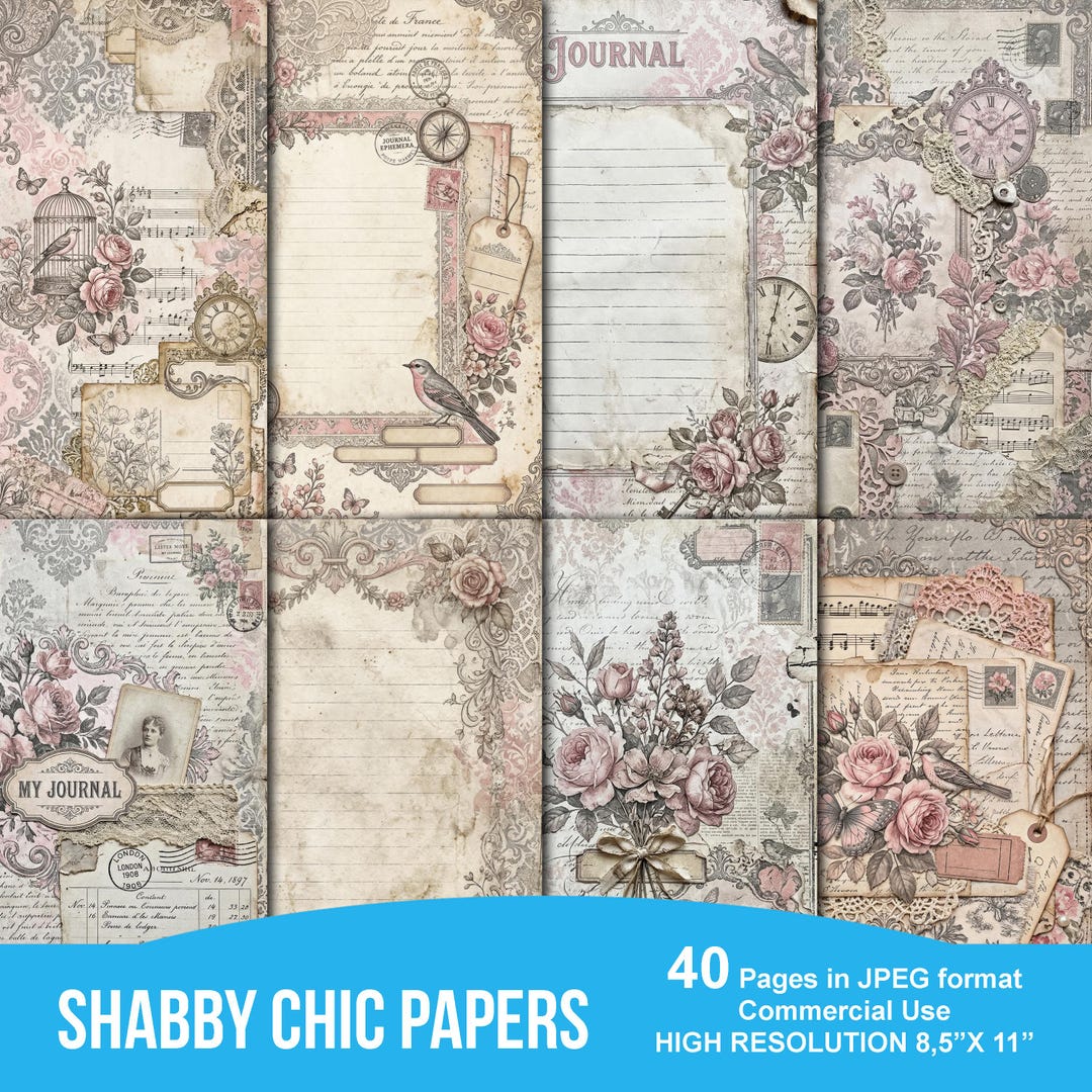 Shabby Chic Digital Paper, Vintage Floral Junk Journal Pages, Romantic ...