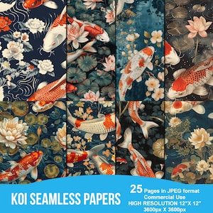 Puede incluir: 25 papeles digitales con un patrón sin costuras de peces koi nadando en un estanque con nenúfares y flores de loto. El fondo es azul oscuro con acentos blancos y dorados. Los papeles miden 12 pulgadas por 12 pulgadas y 3600 píxeles por 3600 píxeles.