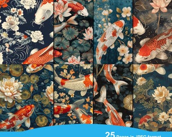 Koi FIsh Seamless Digital Paper, Koi FIsh Printable Scrapbook Paper Seamless Textures, Digital Instant Download Seamless Koi Fish Pattern