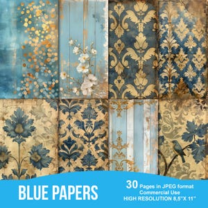Blue Junk Journal Printable Pages, Junk Journal Kit, Scrapbook printable, Printable Paper, Digital Collage, Instant Download